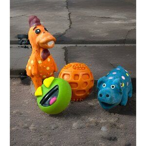 Mix lot of 4 EMOTICON LATEX Small DOG Squeaky TOYs Chicken pig Ball puck